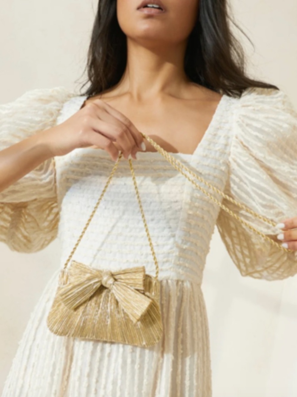 LOEFFLER RANDALL Rochelle Pleated Bow Clutch gold removable chain in platinum